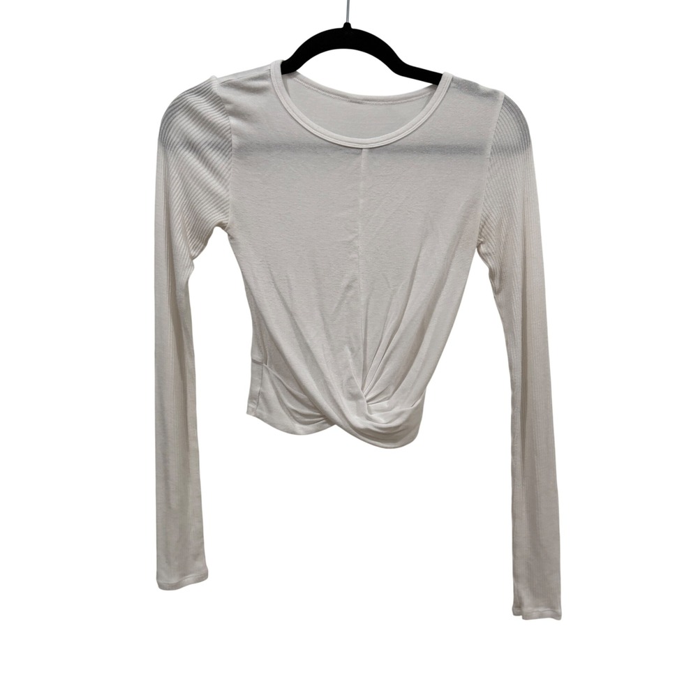 Alo Yoga White Twist Front Crop Long Sleeve Ribbed Top